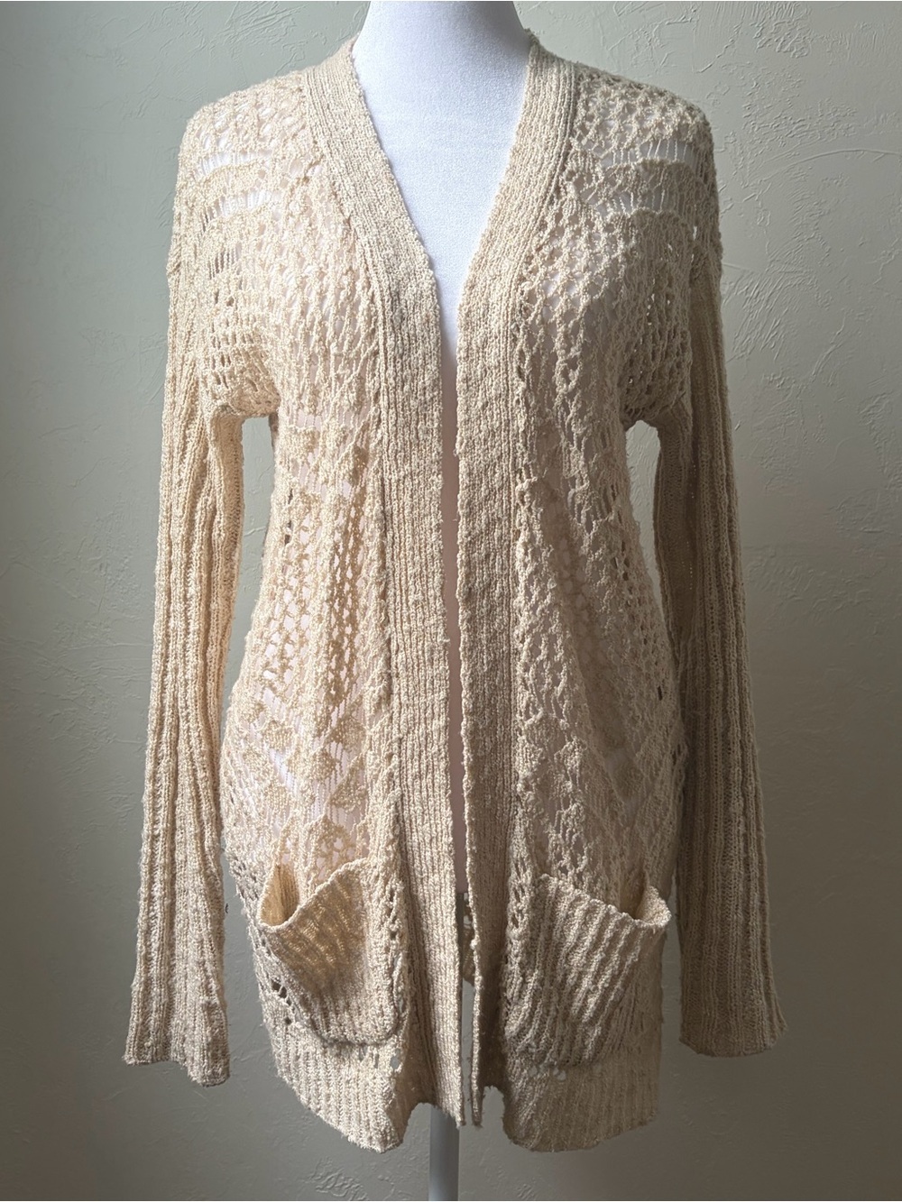 Eyeshadow Cream Open Knit Crochet Cardigan Medium